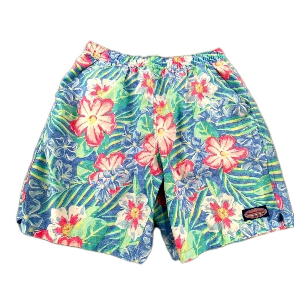 Vineyard Vines Swim Trunks Men's Large Blue Green Floral Mesh Lined Drawstring